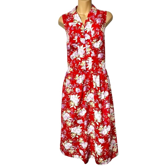 Vintage Dress Womens Medium Red Floral Rockabilly Feminine Cottagecore Prairie - Picture 1 of 11